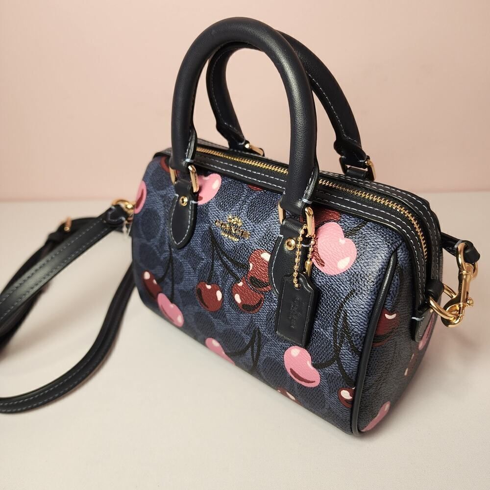 NWT Coach CY741 Mini Rowan Crossbody Bag Signature Cherry Print Denim Blue - Picture 4 of 7